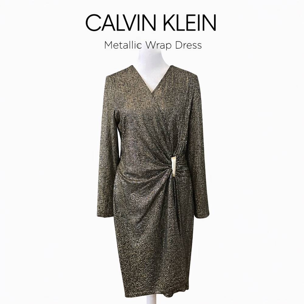 Calvin Klein Metallic Gold Long-Sleeve Wrap Dress